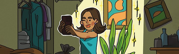 Comicbild einer Frau, die in einem Zimmer sitzt und mit ihrem Smartphone ein Selfie von sich aufnimmt.