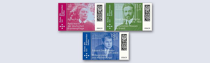 Abbildung der drei Briefmarken-Motive 2026.