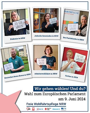 Collage mit Bilder von sechs Personen, die alle ein Schild mit der Aufschrift "Ich geh' wählen" halten