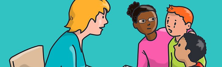 Illustration einer erwachsenen Person und dreier Kinder. ein Kind weint.