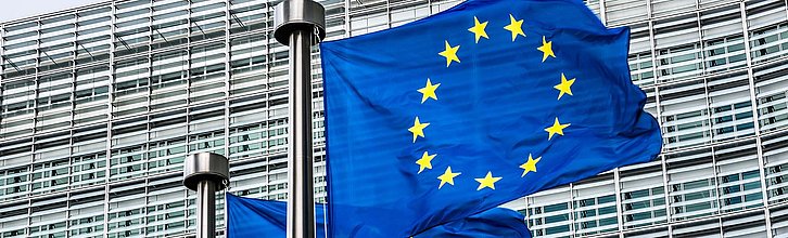 EU-Flaggen wehen an Fahnenmasten vor Bürogebäude.