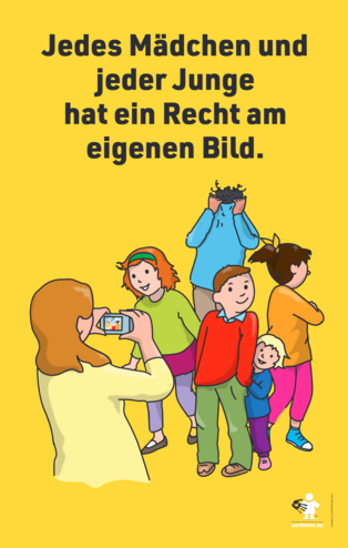 Illustration von Person, die Kinder fotografiert. Aufschrift "Jedes Mädchen und jeder Junge hat ein Recht am eigenen Bild"