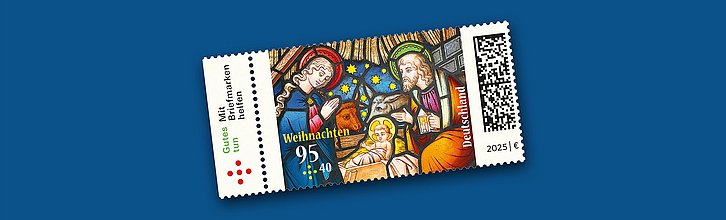 Abbildung der diesjährigen Wohlfahrtsmarke: Geburt Jesu im Stall.