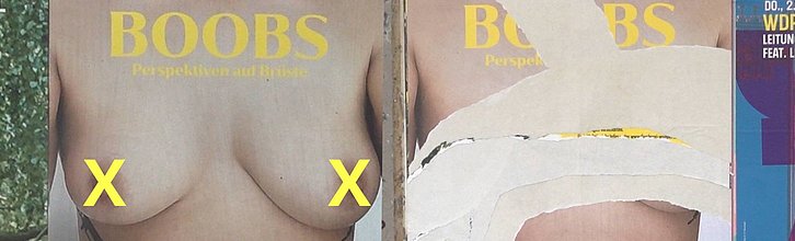 Bild von zwei Werbeplakaten mit der Aufschrift Boobs und dem Bild von Brüsten. Ein Plakat ist zerstört