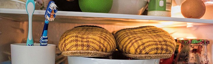 Pantoffel und Zahnbürsten, die im Kühlschrank stehen
